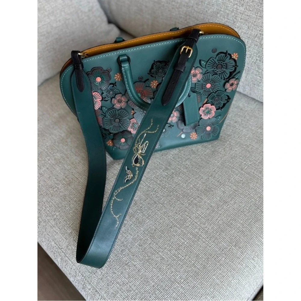 Coach 1941 Rogue 31 Tea Rose Applique Green Leather Satchel Shoulder Bag 58124 - Picture 4 of 5
